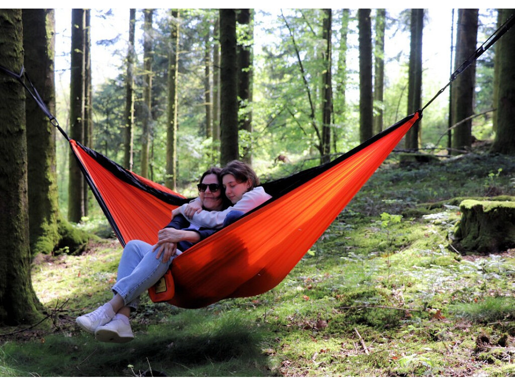 Hamac double toile parachute orange noir - Modèle Bee Lazy Corail